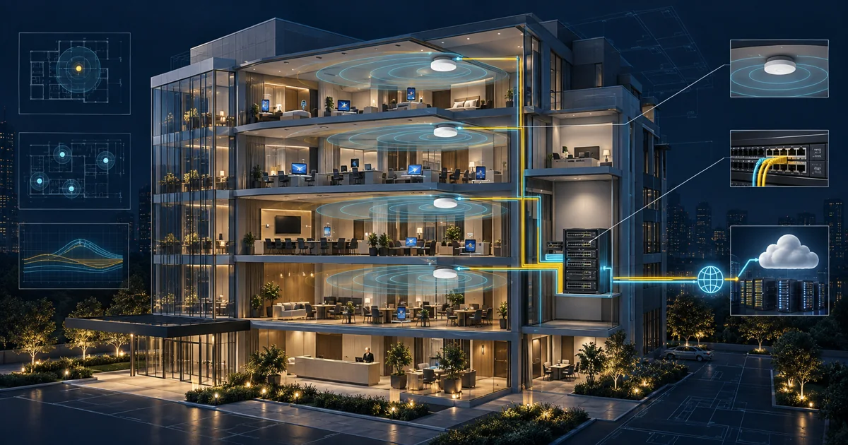 Multi-storey network showing wireless coverage, access points, switches, PoE, uplinks and cloud services analysed together